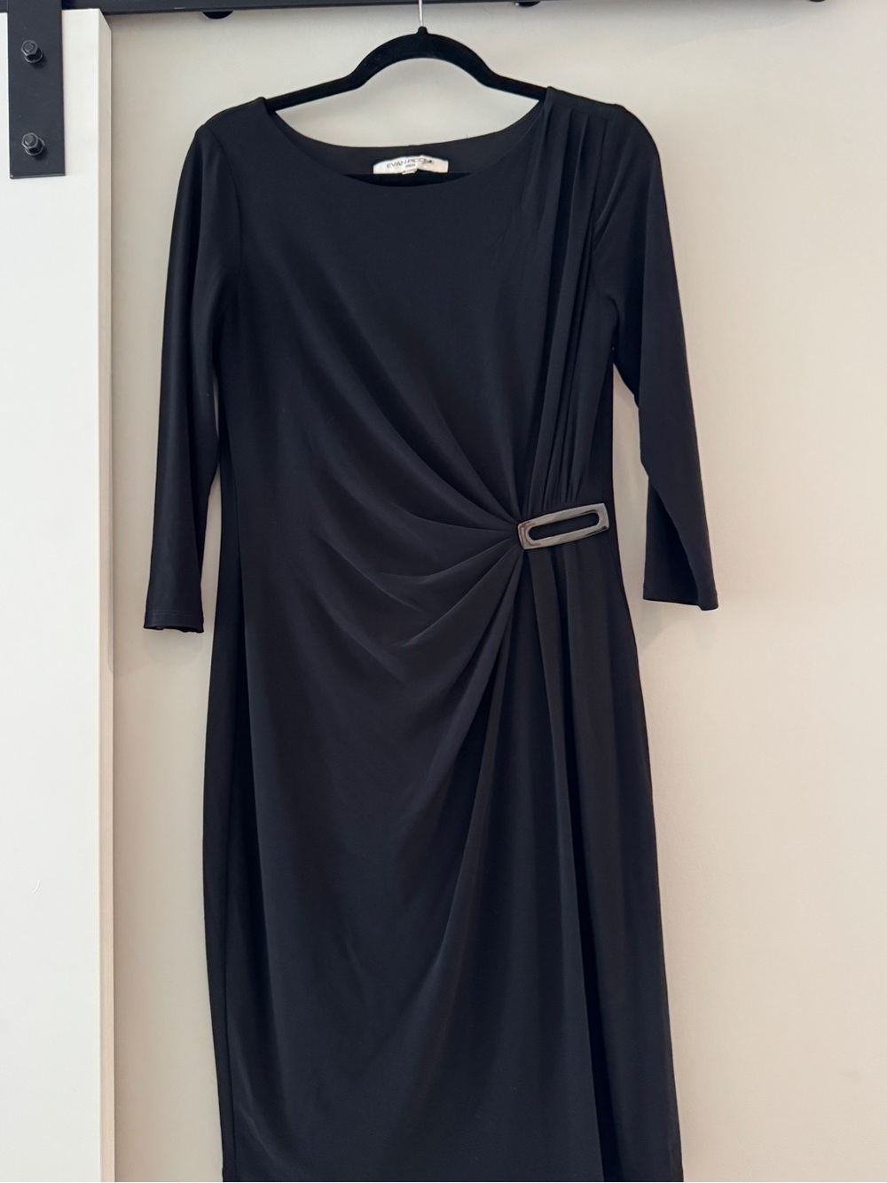Evan Picone Black Long-Sleeve Draped Dress with Buckle Accent